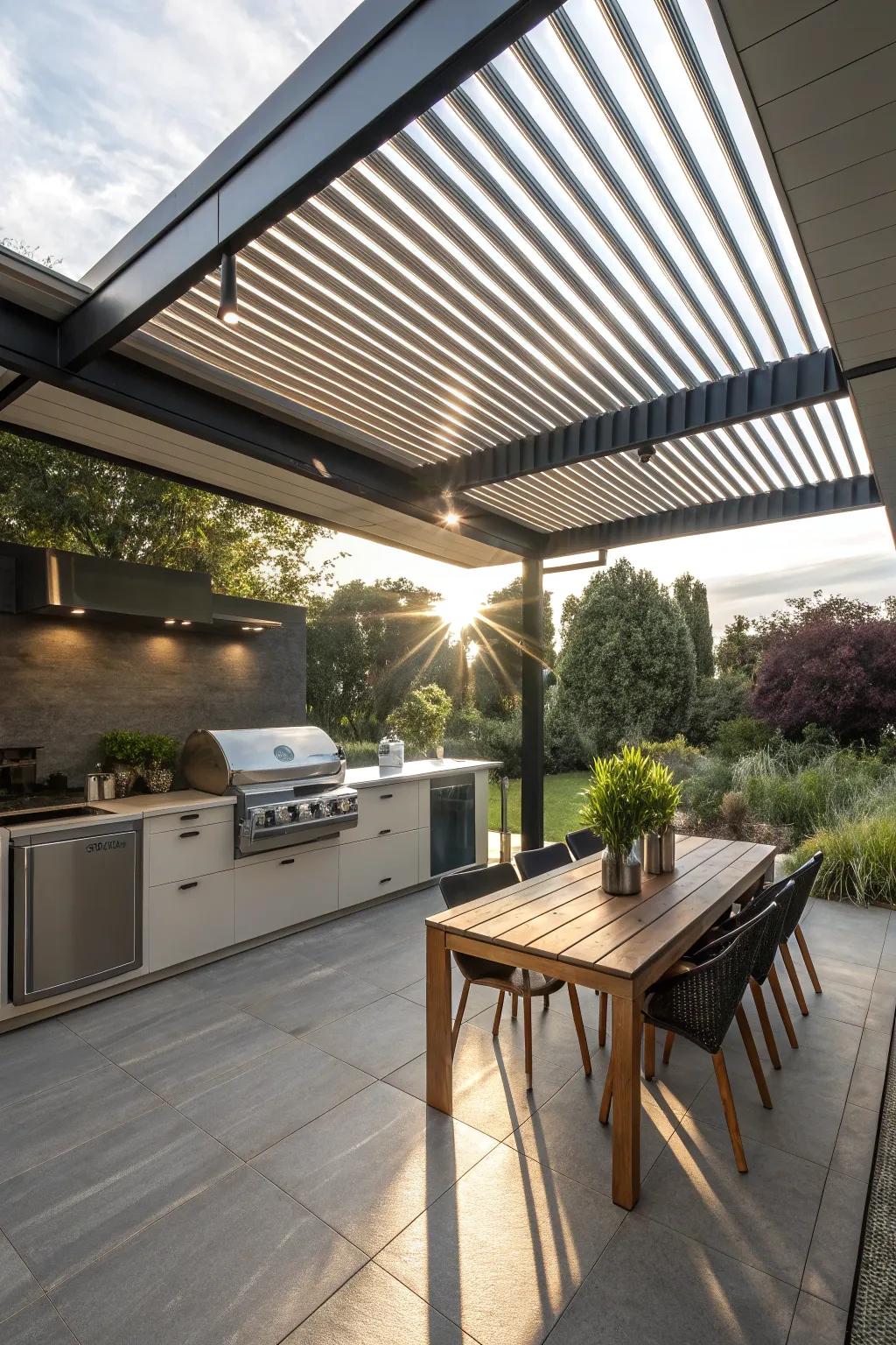 A versatile louvered roof for adaptable outdoor living.