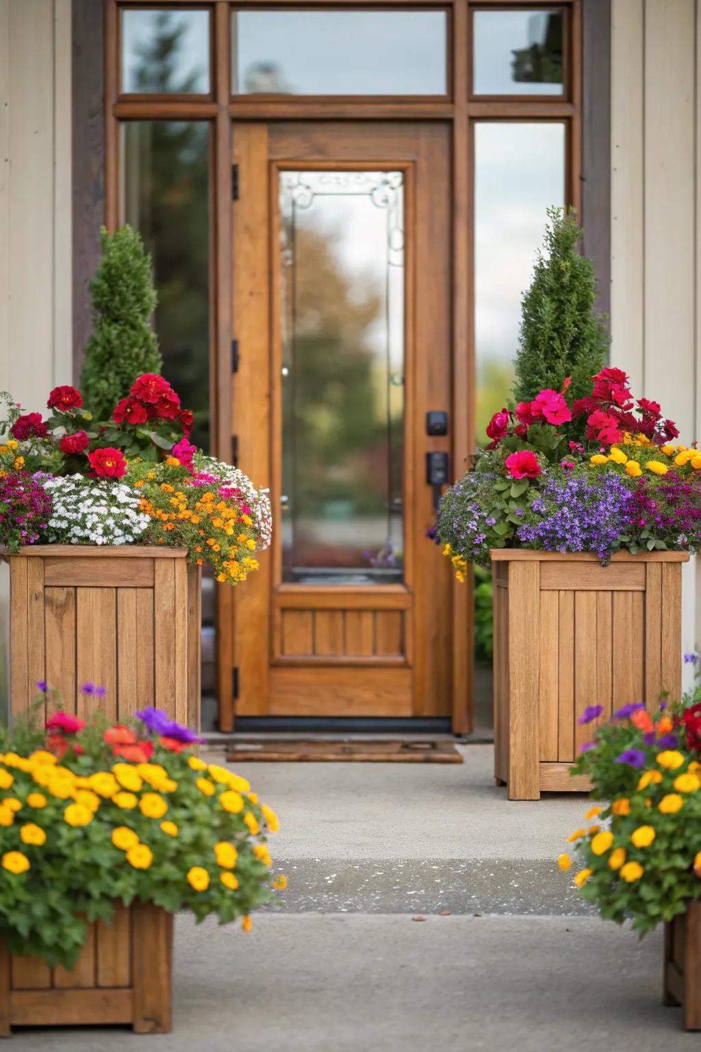 Planter boxes add life and color to this entryway.