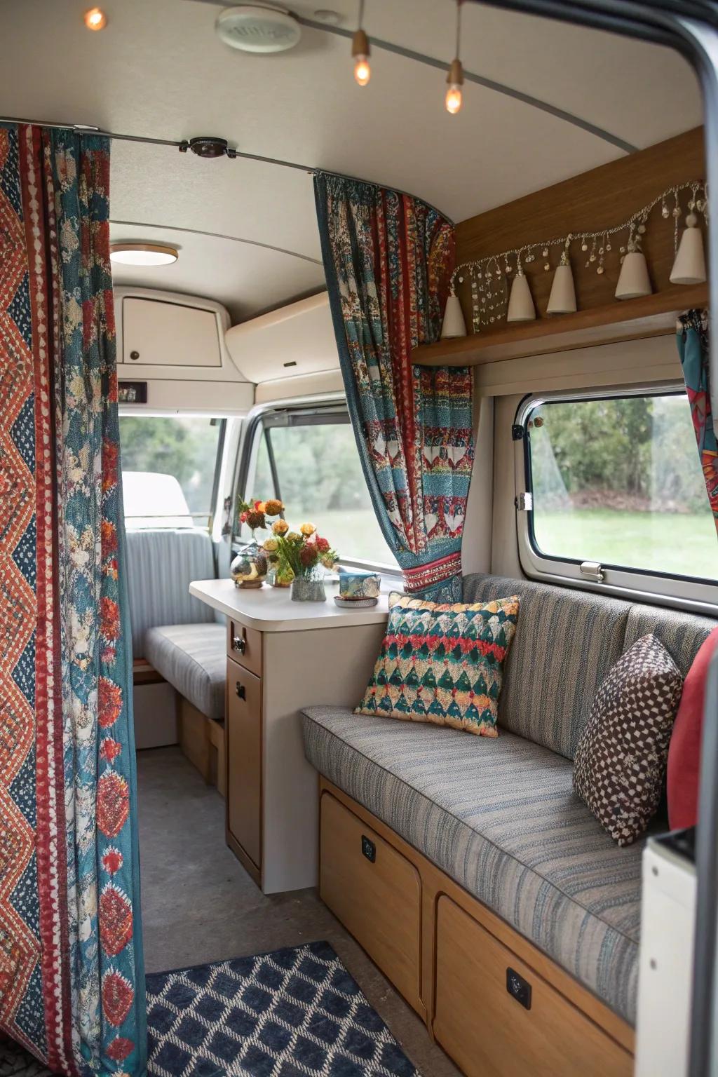 Patterned window coverings adding visual interest and design to the camper.