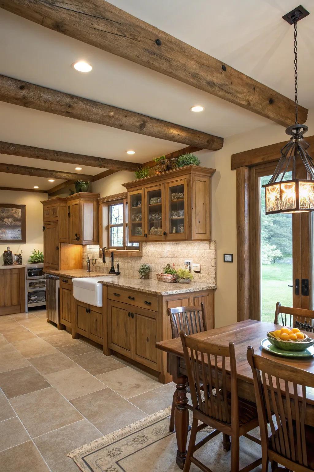A kitchen featuring rustic exposed beam trim for added warmth.