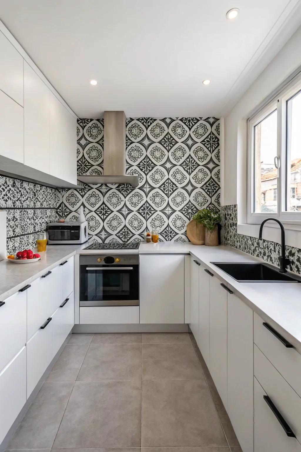 Monochrome tiles evoke a sleek, understated elegance.