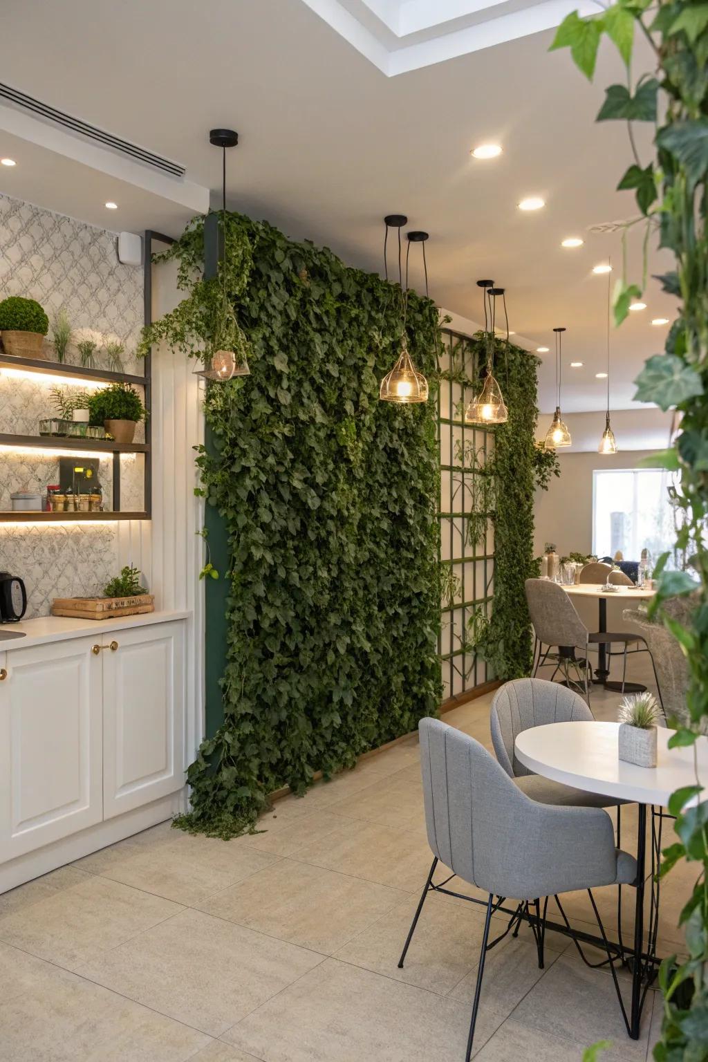 An ivy wall serving as a chic room divider, adding privacy and greenery.