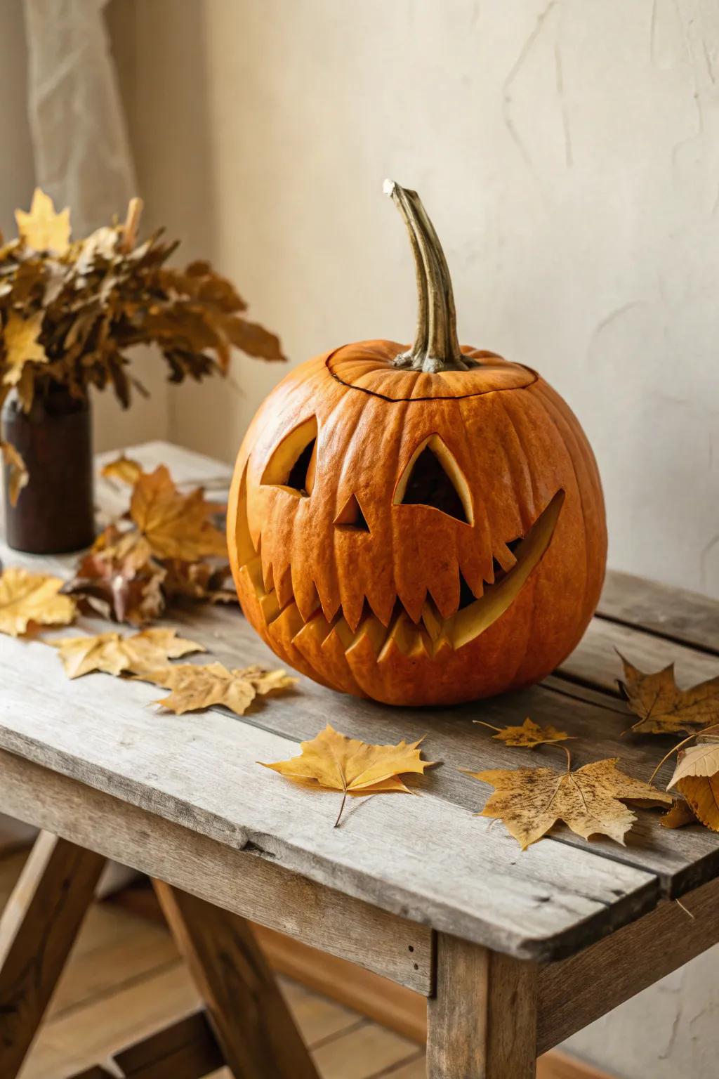 Infuse a quirky twist into your Halloween with this uniquely sculpted jack-o'-lantern!