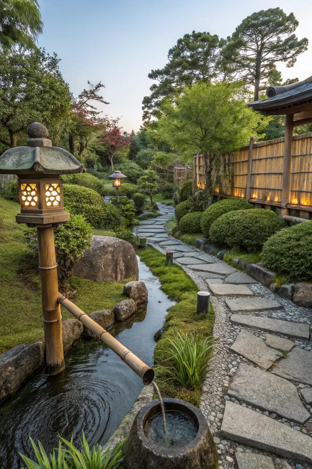 A spout fountain water feature in a Japanese garden.