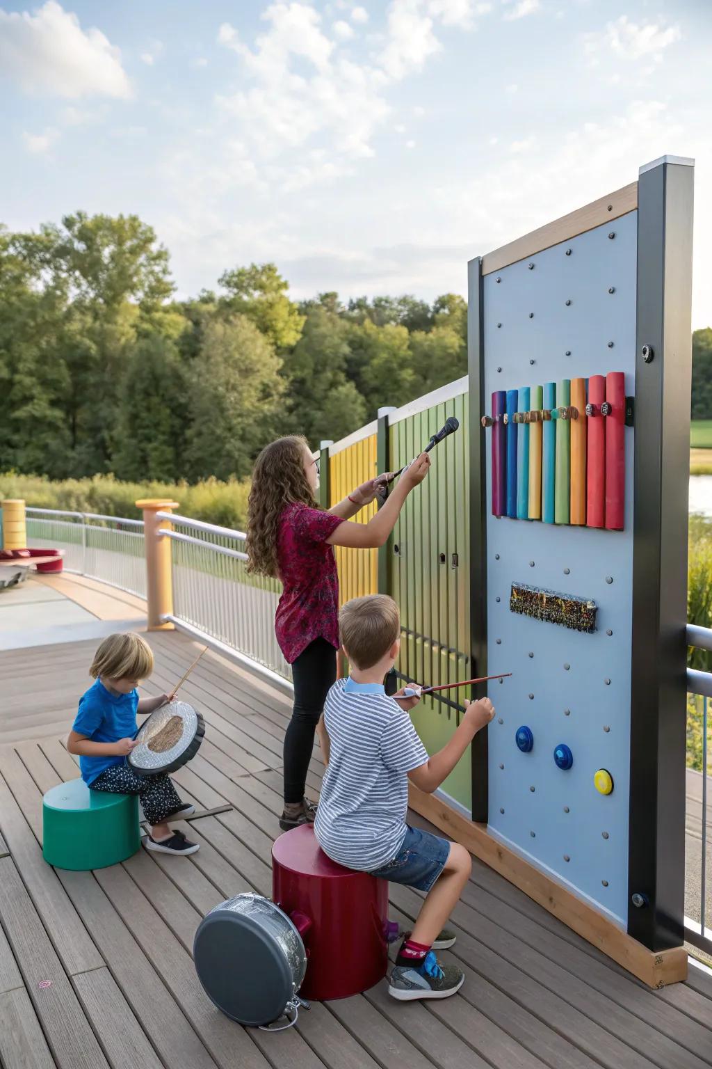 A deck with an interactive sound display where children are playing with various instruments.