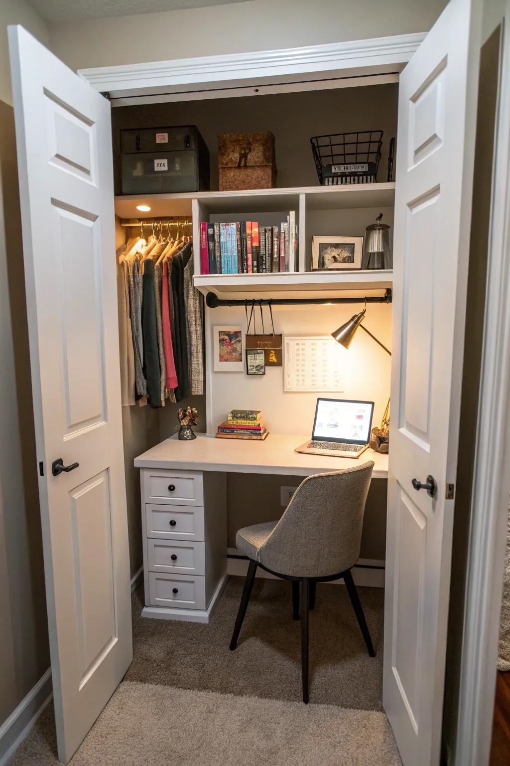 A concealed study nook tucked away in storage.