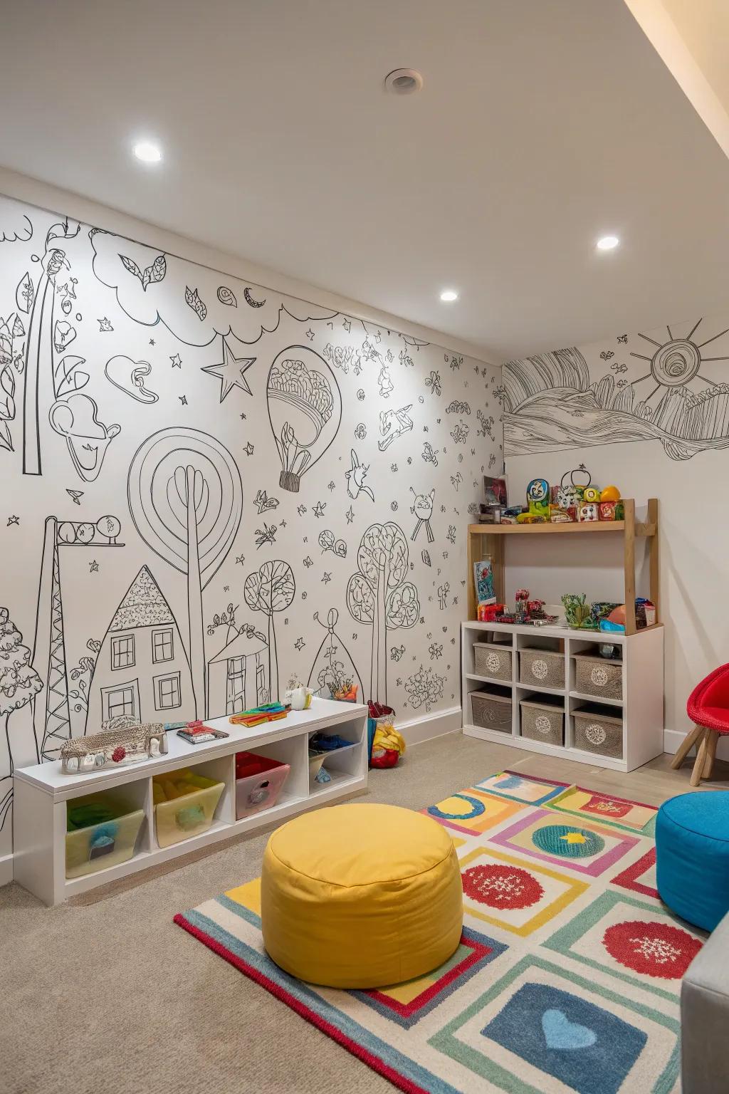 A playroom featuring doodle-inspired wall covering, perfect for creative minds.