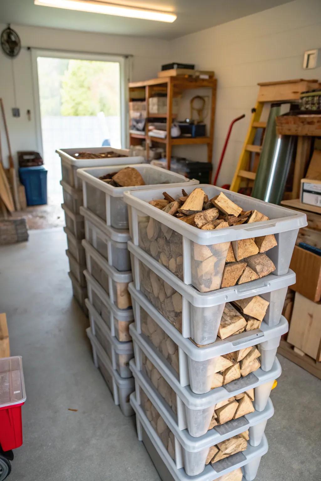 Plastic totes are a practical solution for storing kindling in the garage or shed.