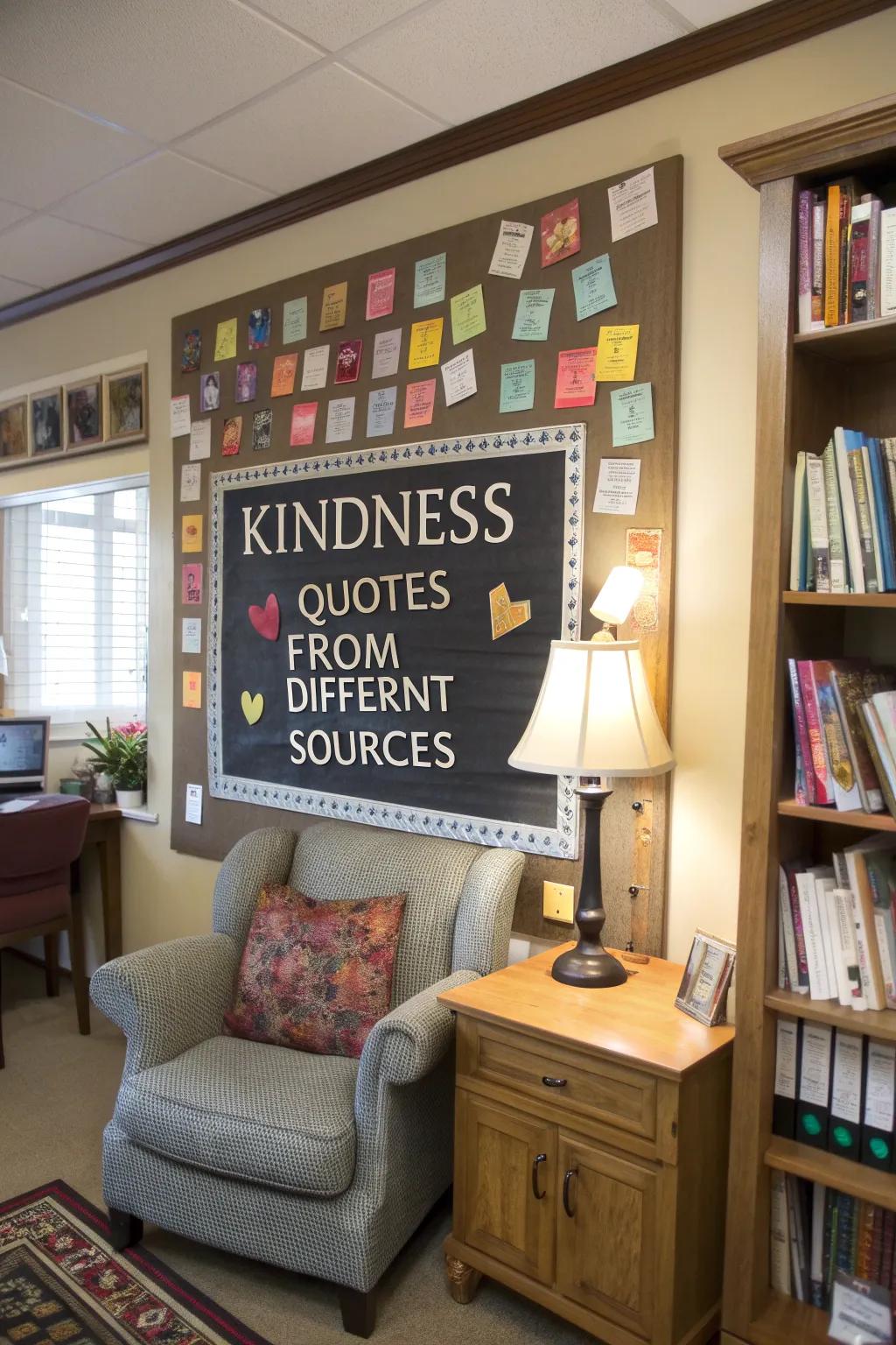 A snug study showcases a kindness saying wall brimming with inspiring sayings from diverse sources.