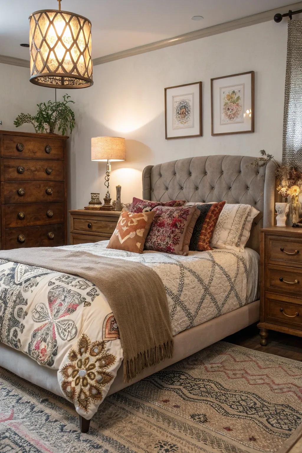 Eclectic charm is achieved by mixing vintage and modern features in this king-sized bed setup.