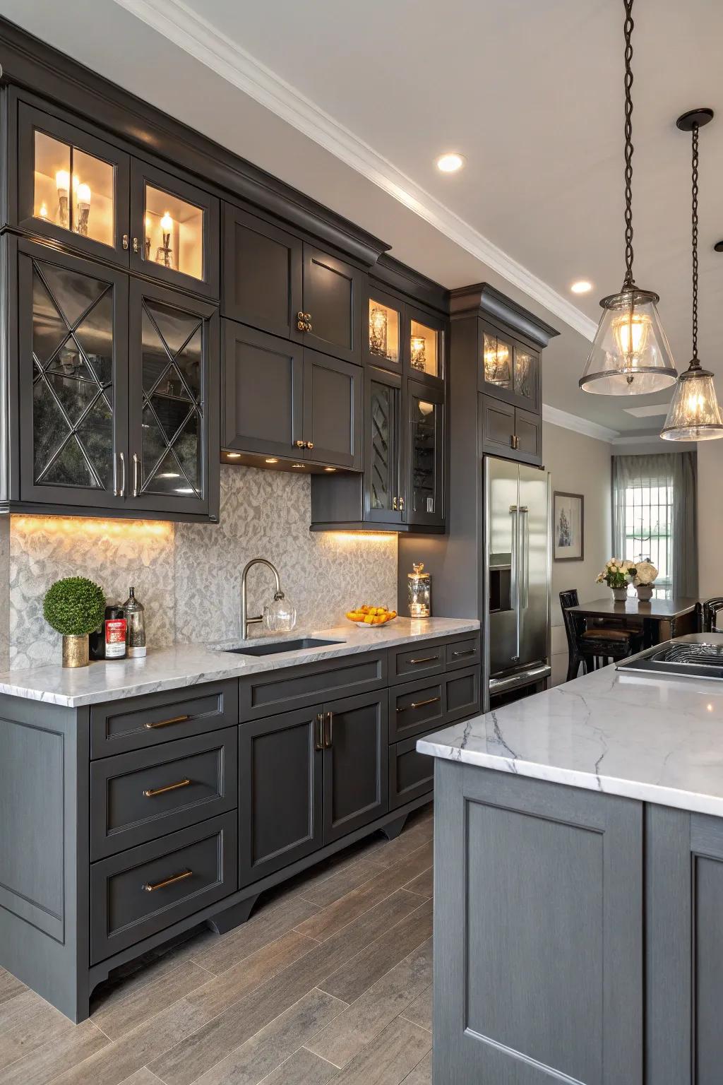 Charcoal gray cabinets offer a daring, sophisticated kitchen appearance.