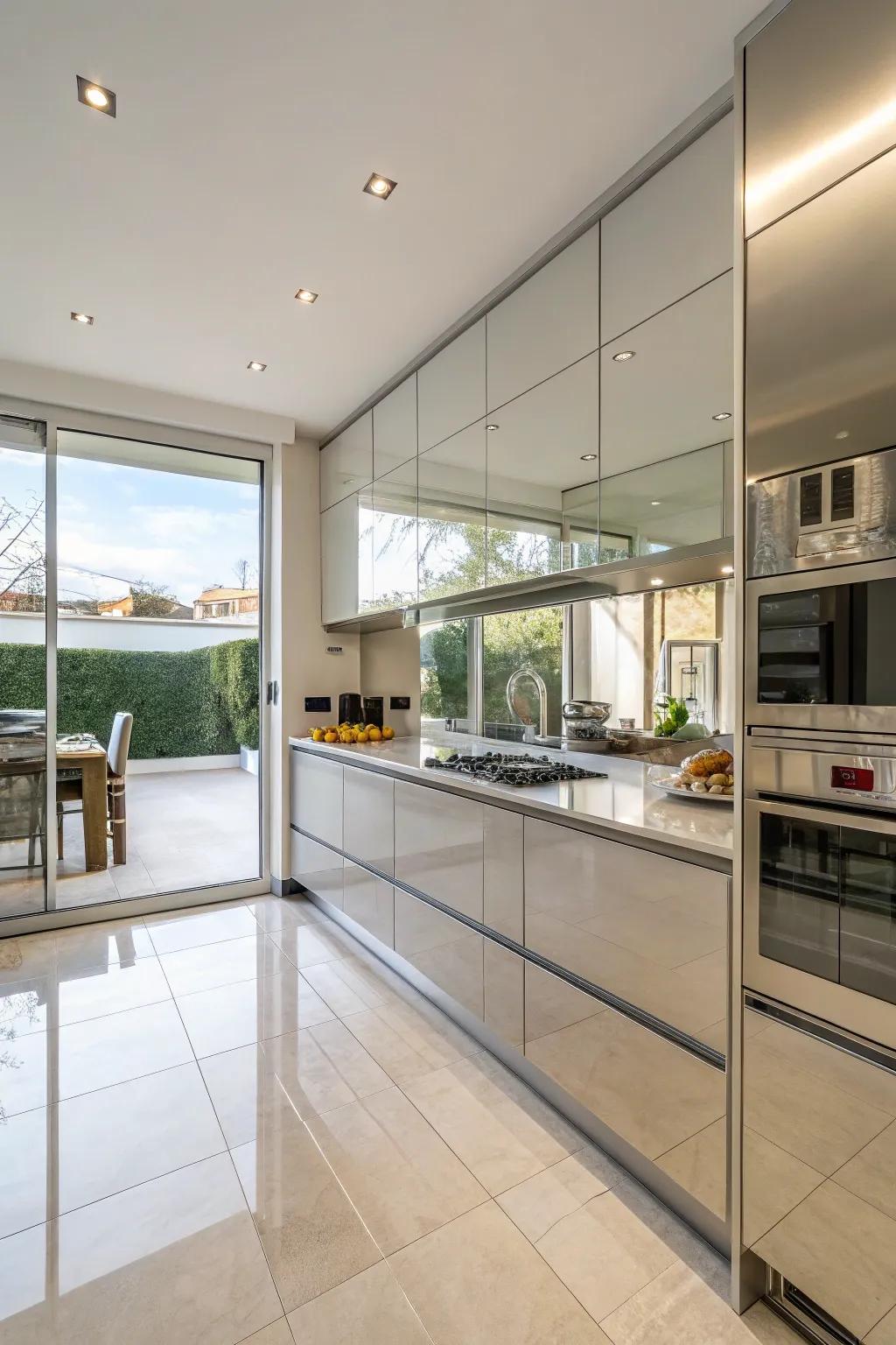 Mirrored surfaces enhance light and space, making kitchens feel larger.