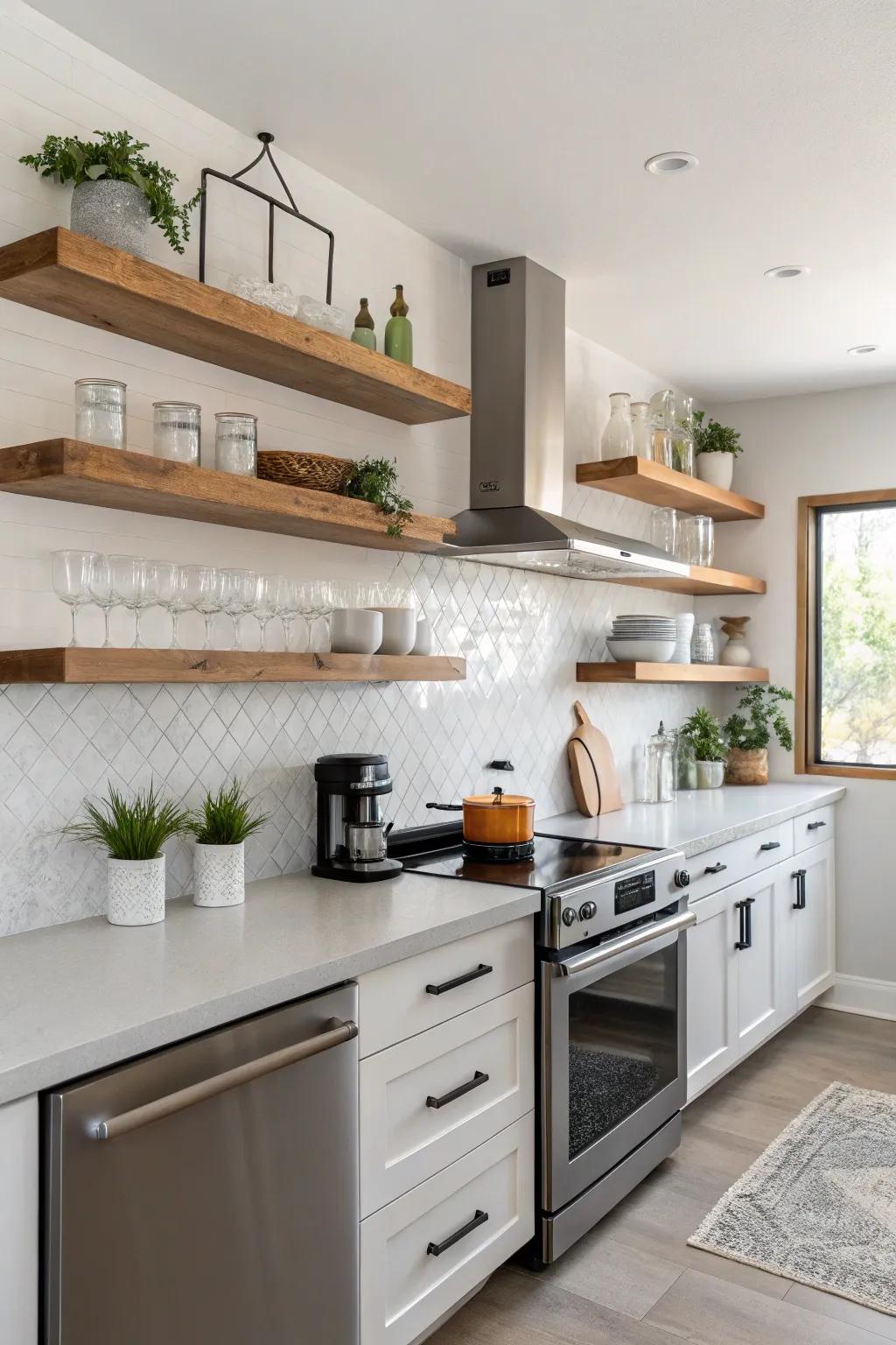 Drifting racking adds sleek and minimalist storage.