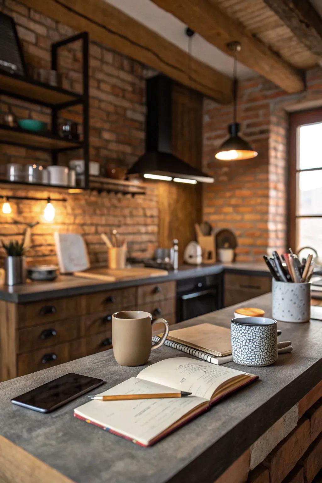 A kitchen desk area upgraded with patterned materials for added visual interest.
