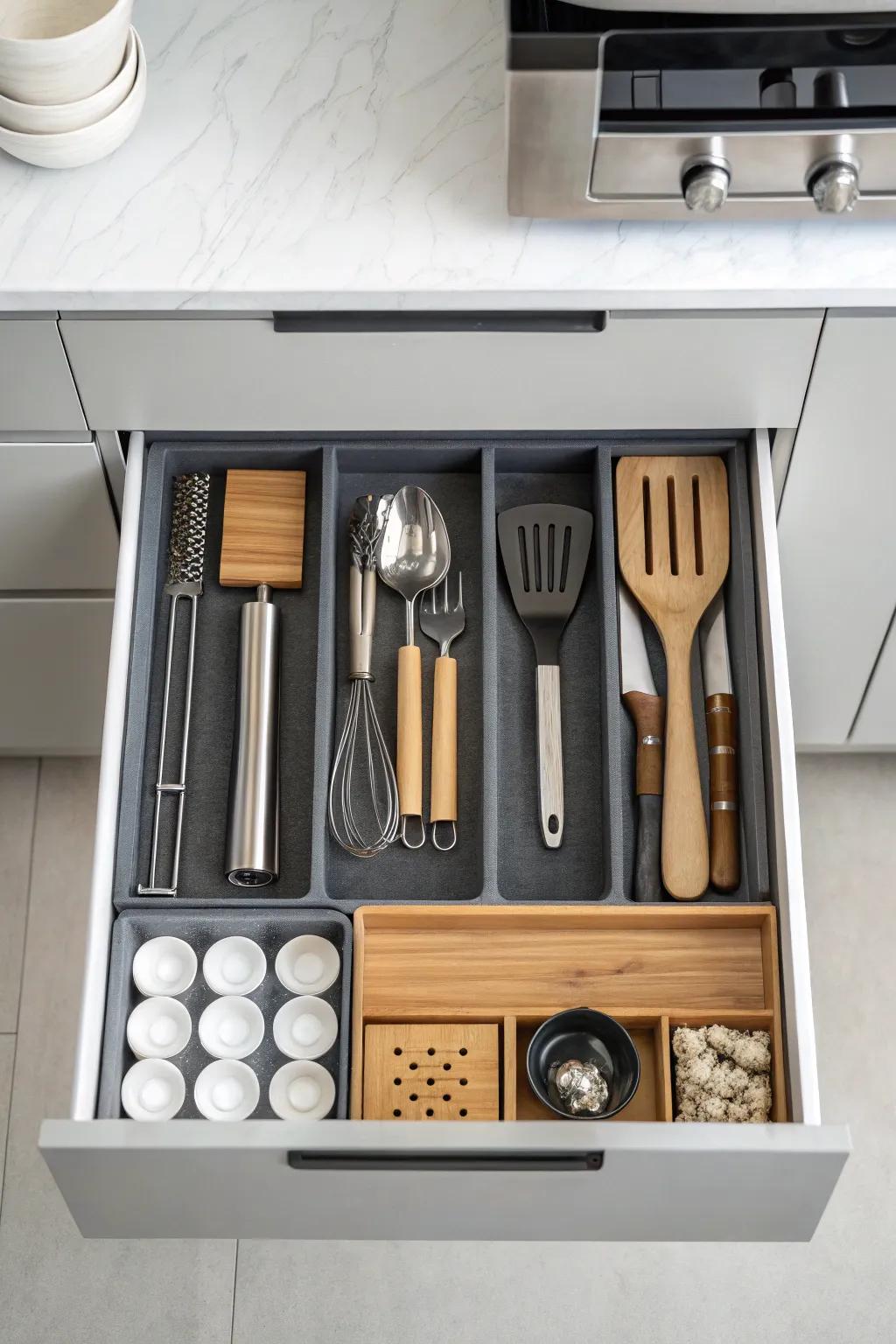 Achieve a clean and coordinated look with minimalist kitchen drawer designs.