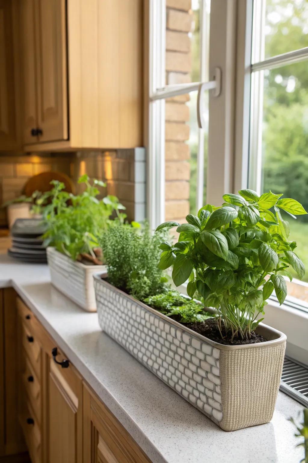 Fresh herbs readily accessible via fragrant plant boxes.