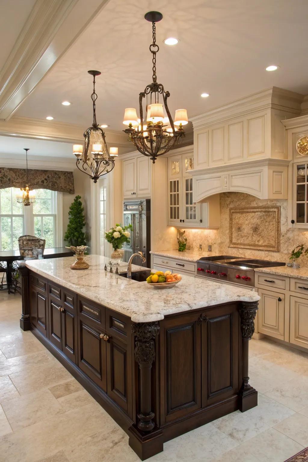 A mocha-colored kitchen island delivers a rich and timeless elegance.
