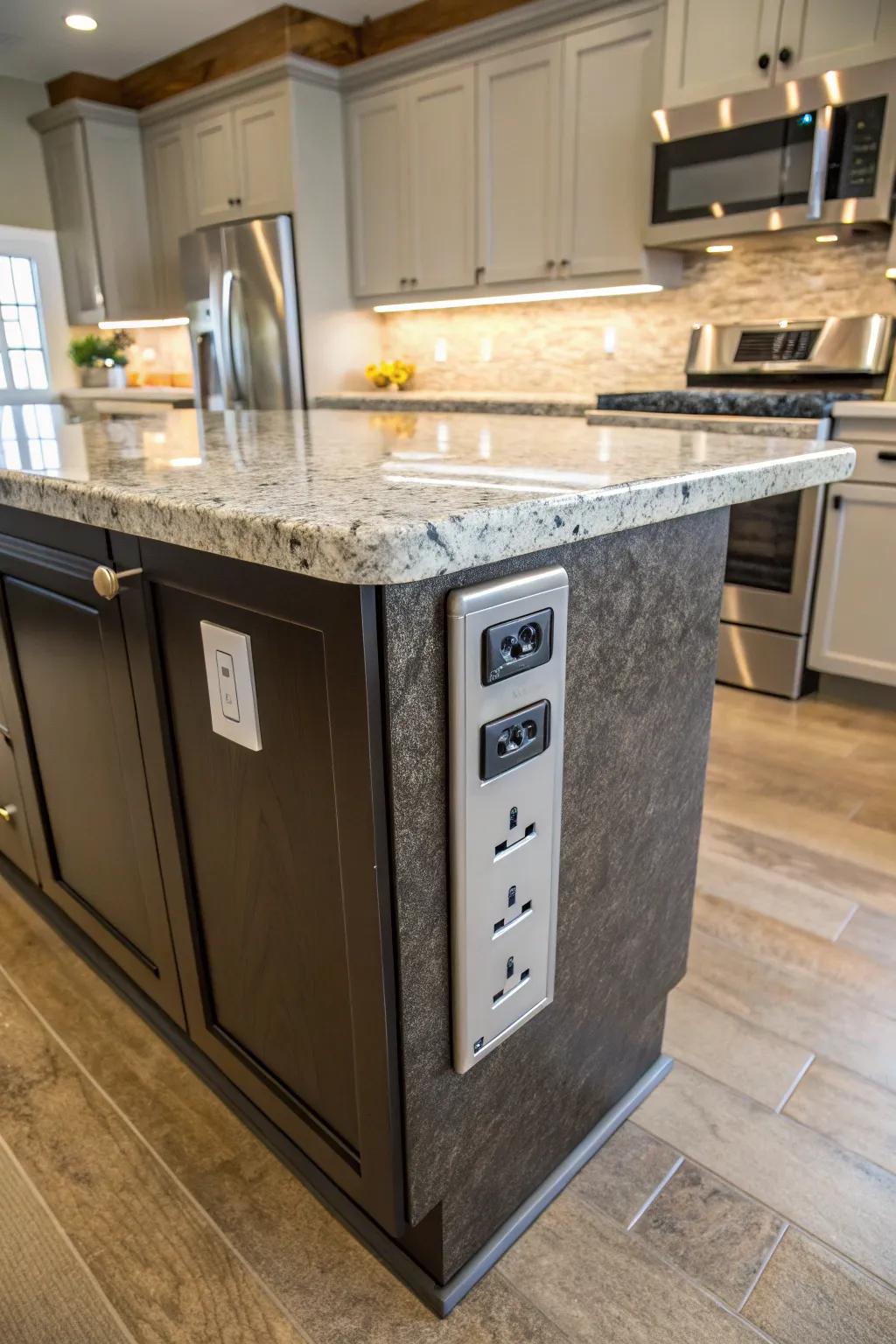 Elevated outlets offer ergonomic convenience.