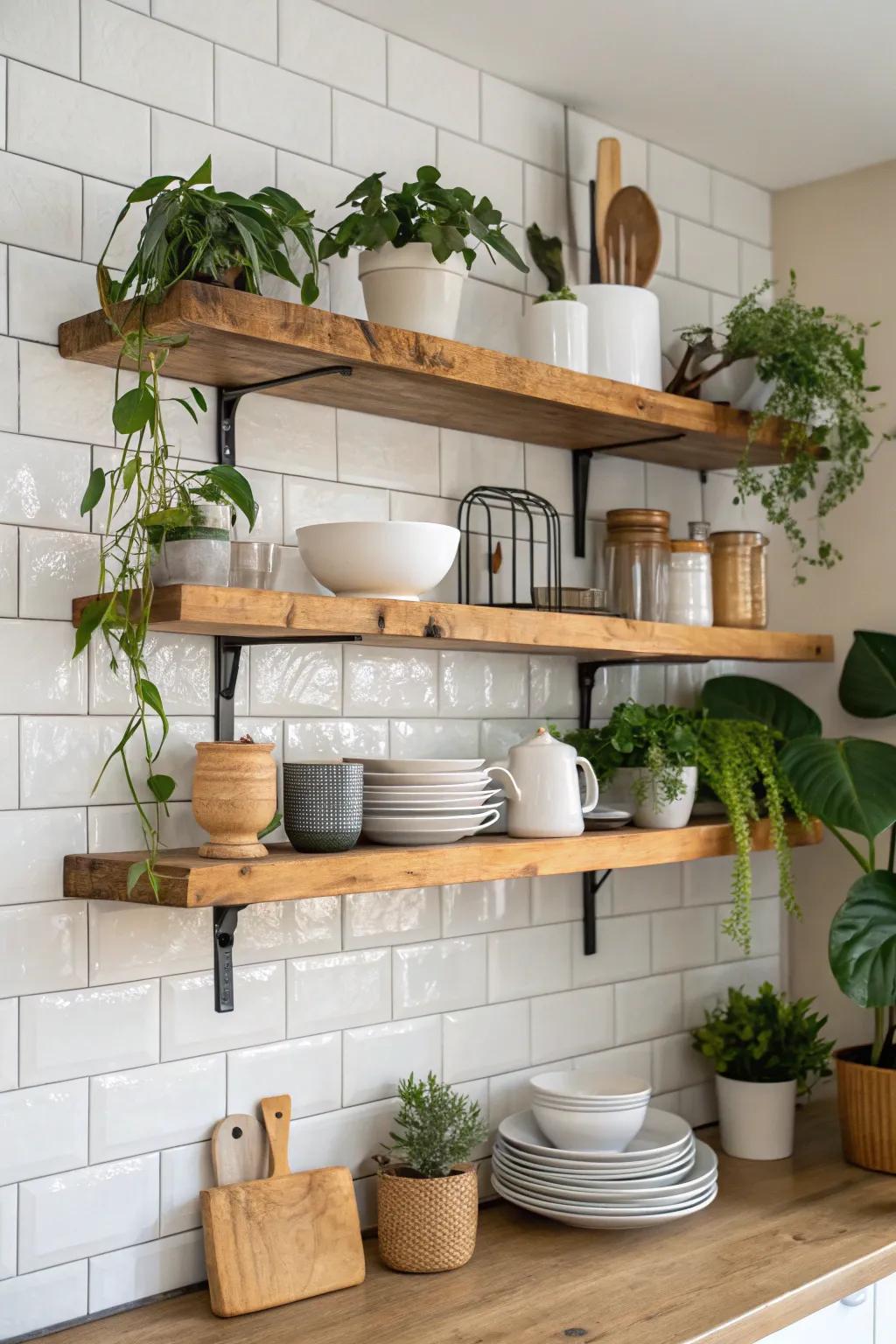 Natural-edge floating shelves introduce organic elegance to your kitchen space.