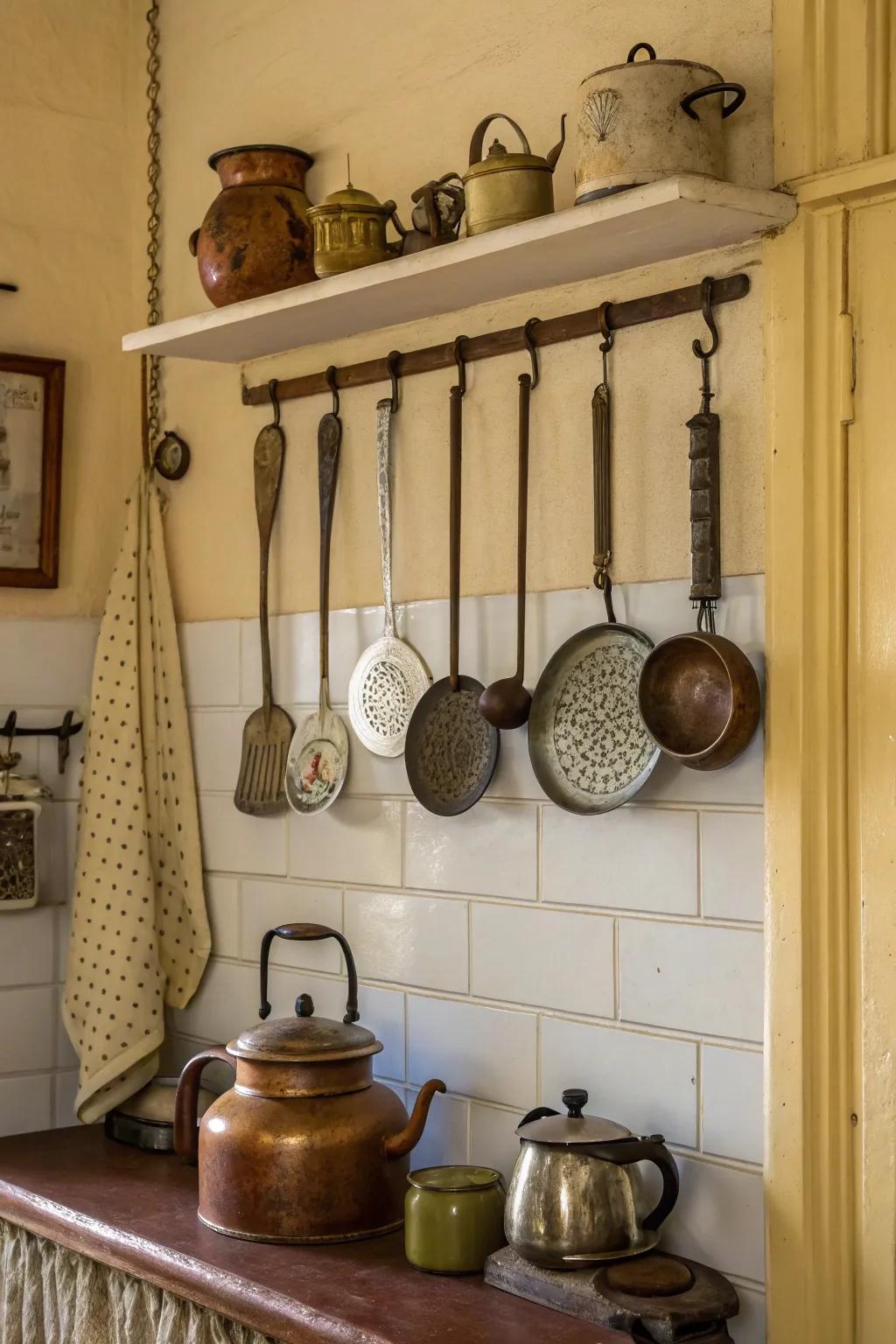 A kitchen wall featuring a charming display of vintage tools.