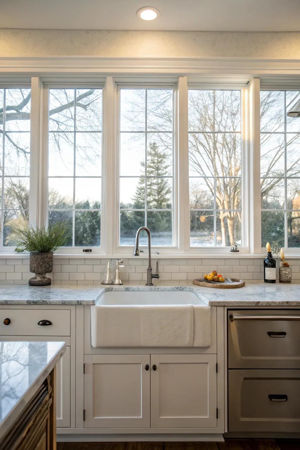 An innovative kitchen uses windows as a backsplash.
