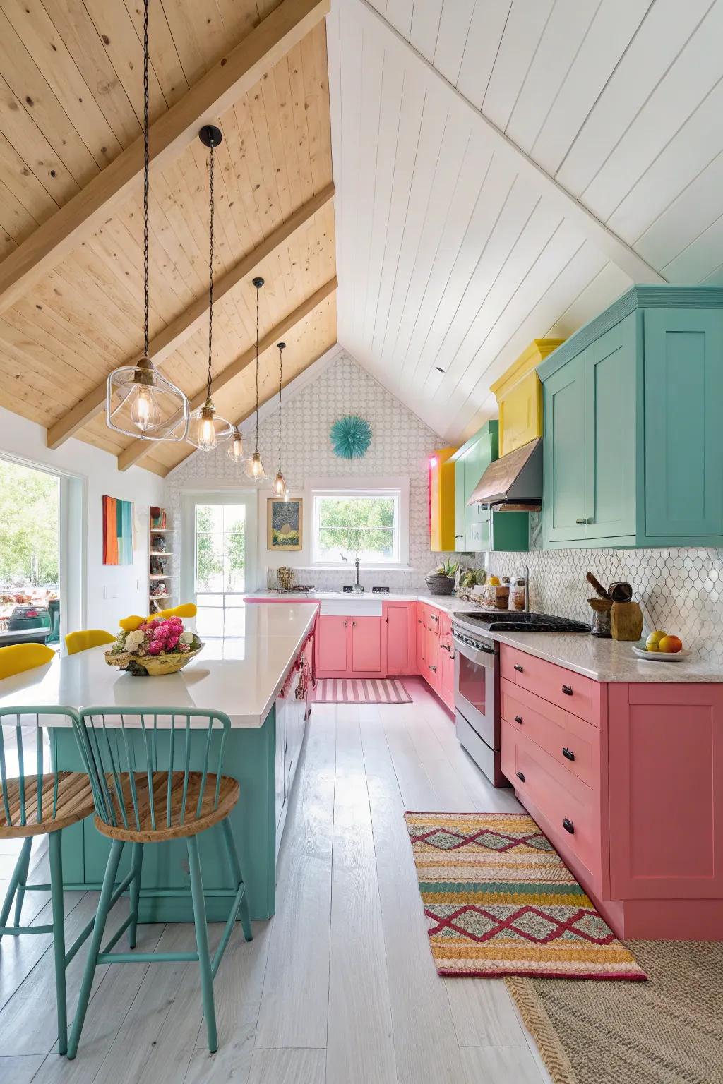 A burst of color brings a fun element to this modern vaulted ceiling kitchen.