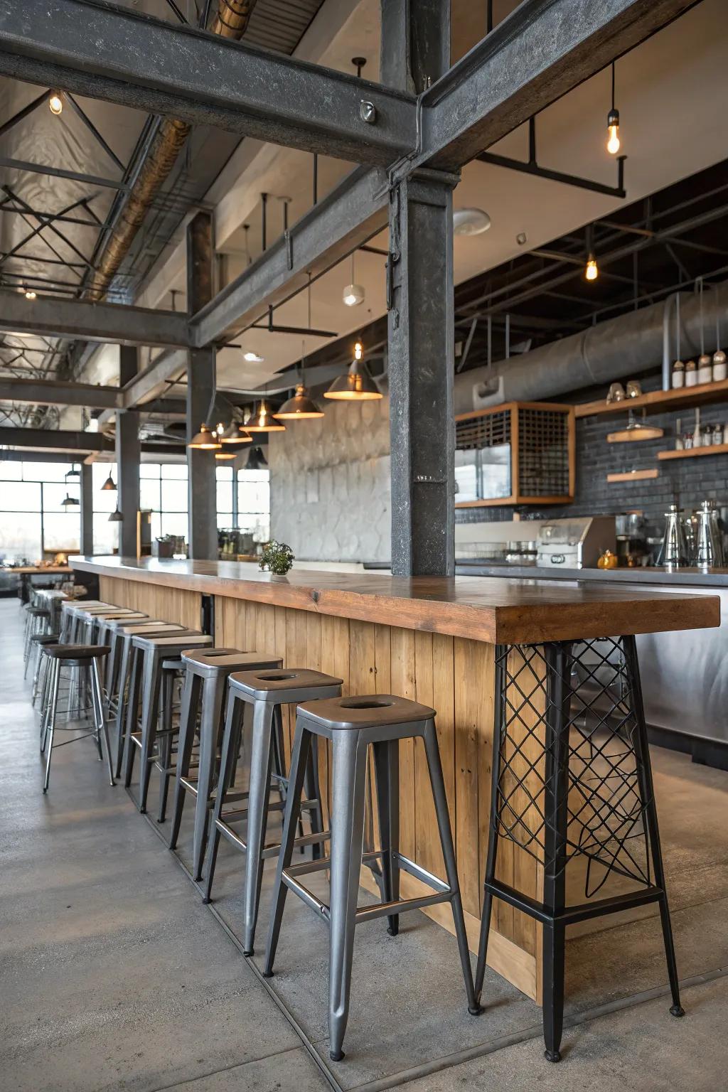 An urban-style breakfast bar with metal seats and exposed beams.