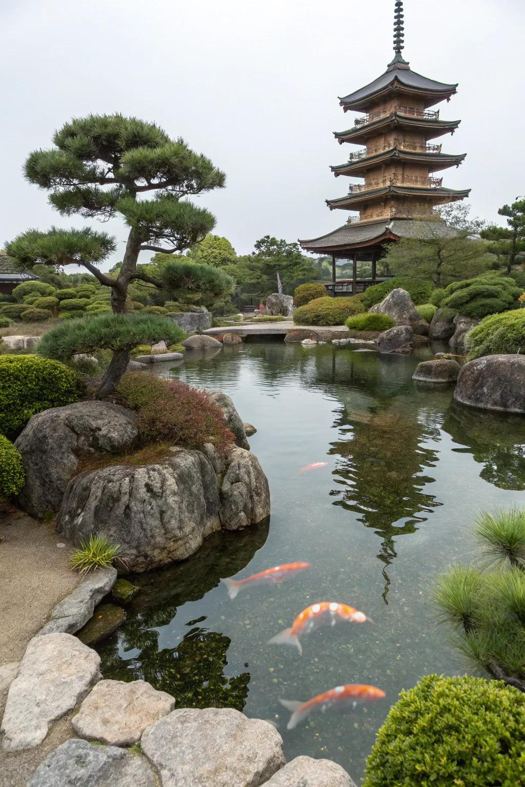 A pagoda adds a traditional Japanese touch to koi ponds.