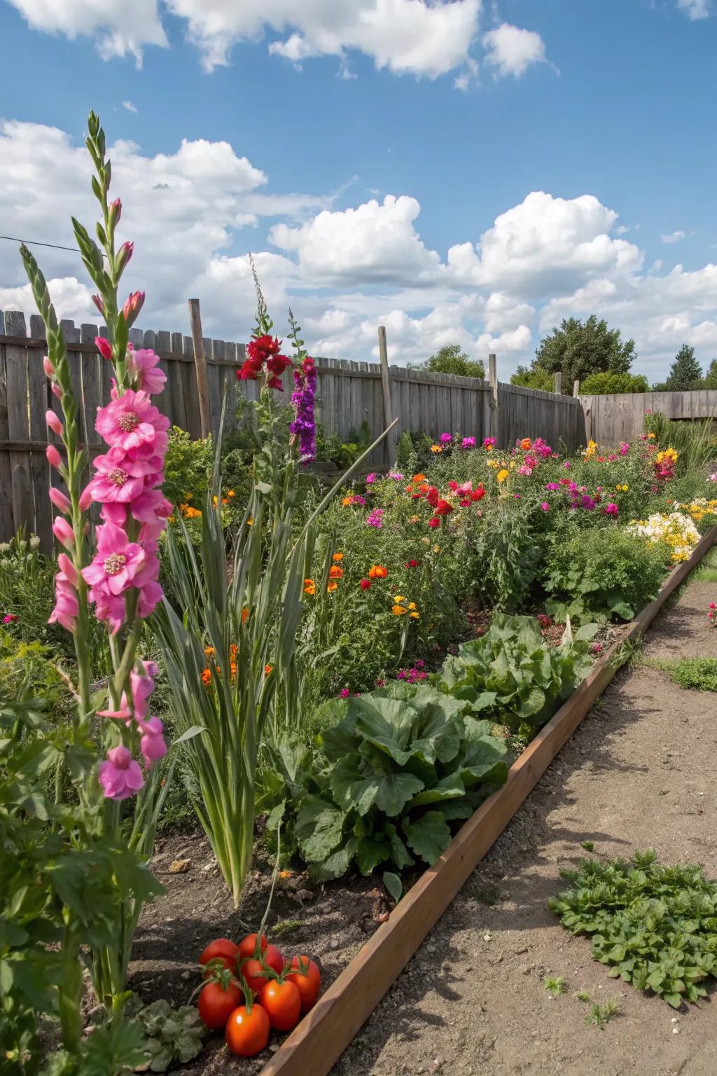 Gladiolus introduce decorative charm to kitchen gardens.