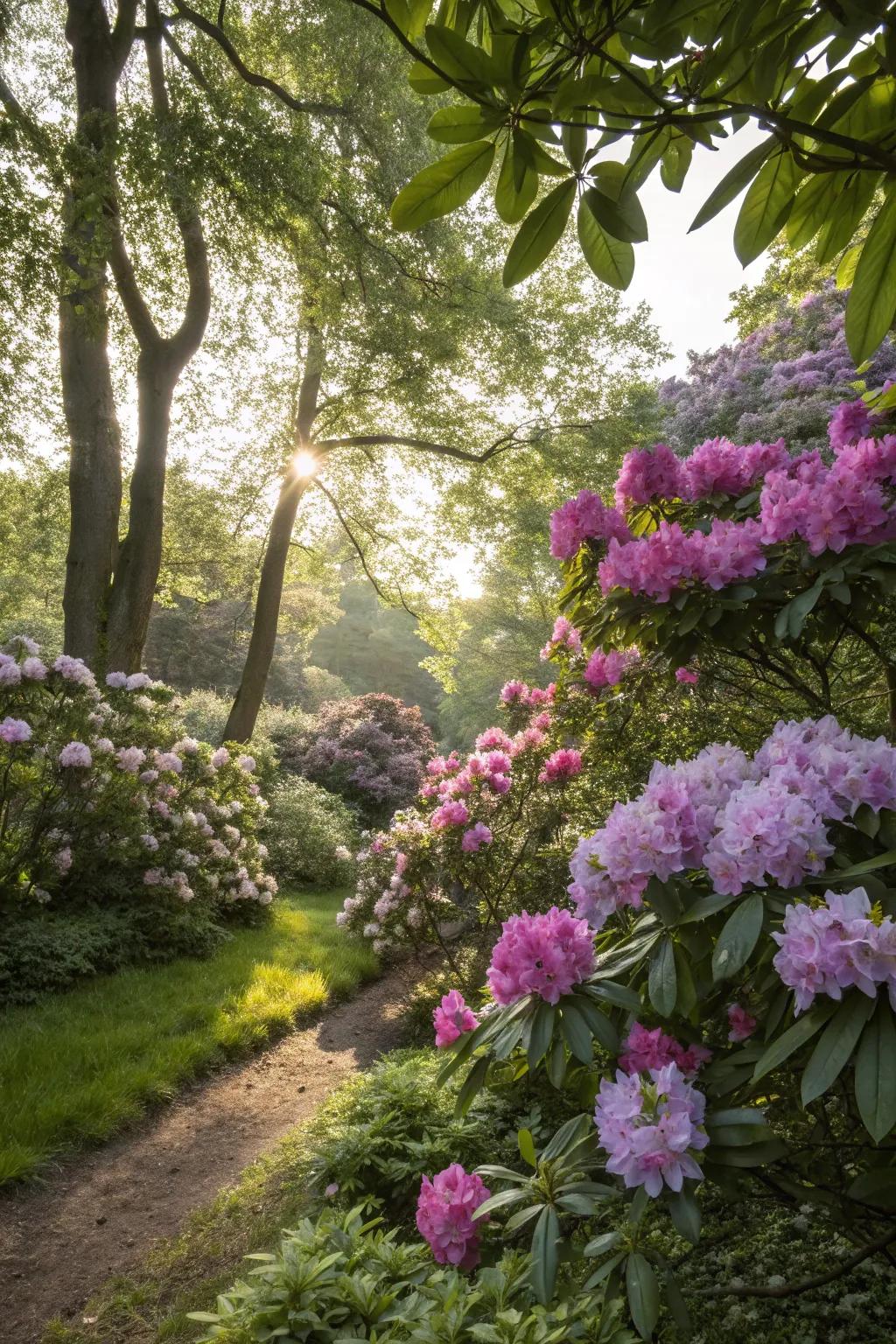 Rhododendrons bring color to a serene shaded garden.