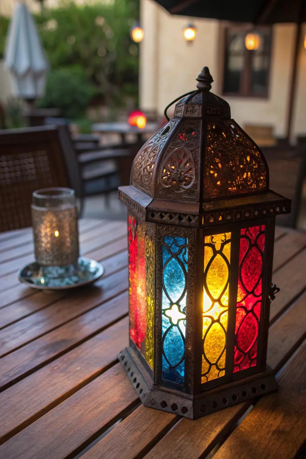 A lantern with vibrant panes creating a stained-glass effect.