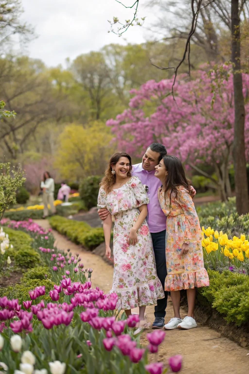 Blooms with pastels evoke the freshness of spring in family portraits.