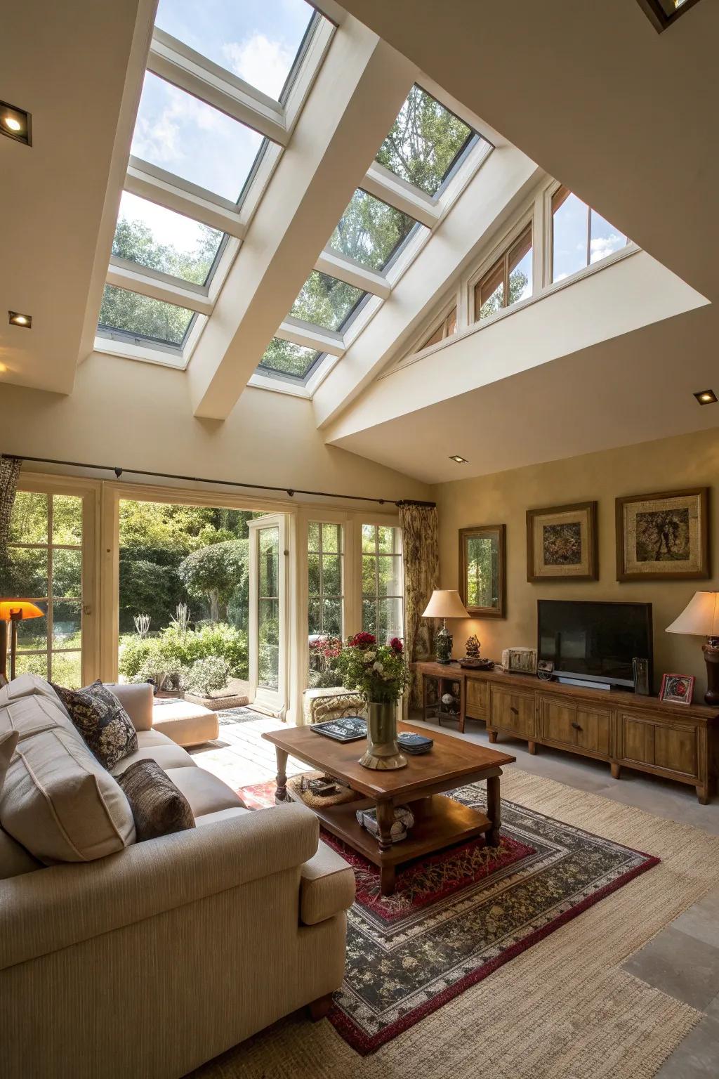 Overhead windows bringing constant daylight into the living room.