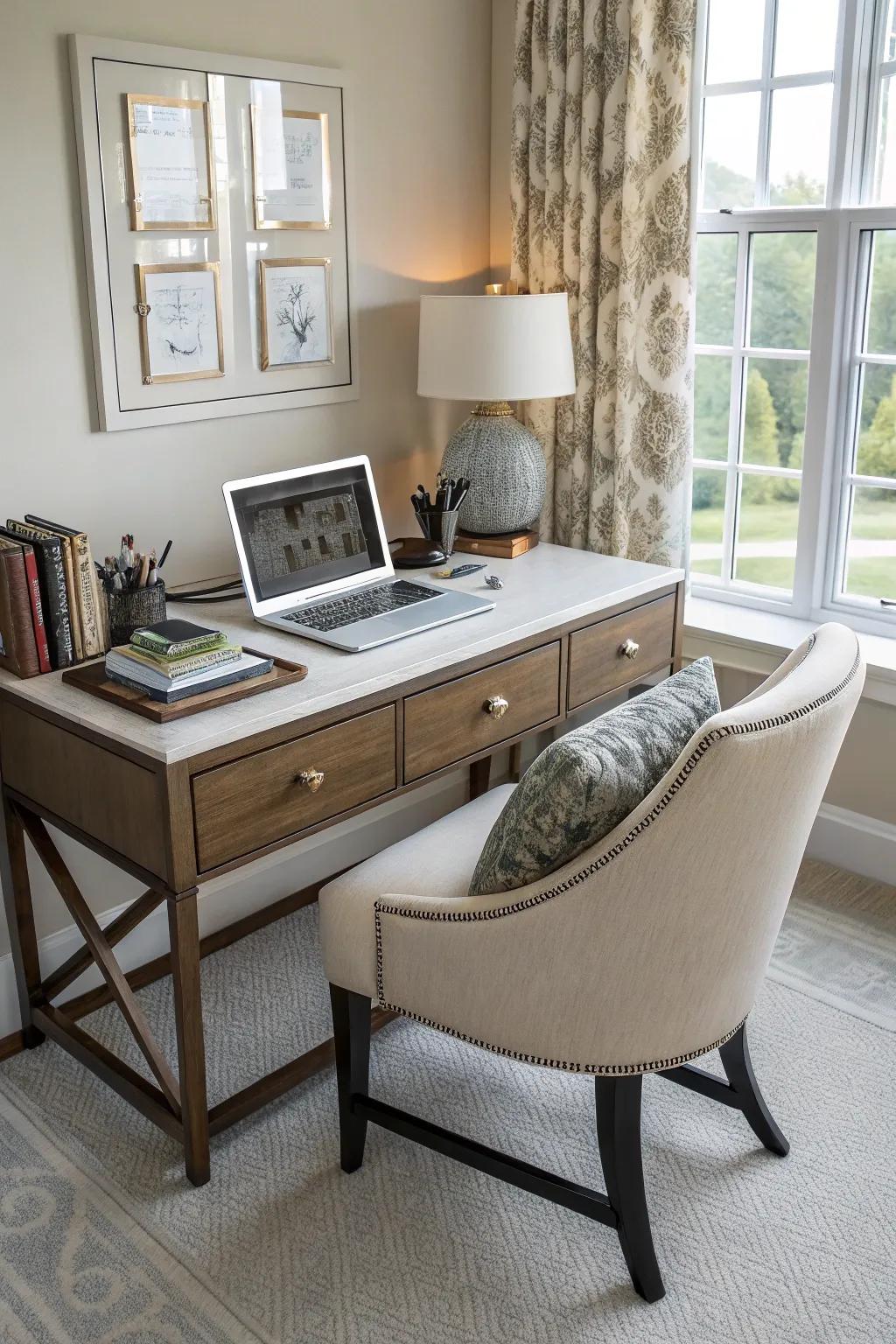 A practical workspace integrates seamlessly into the bedroom.
