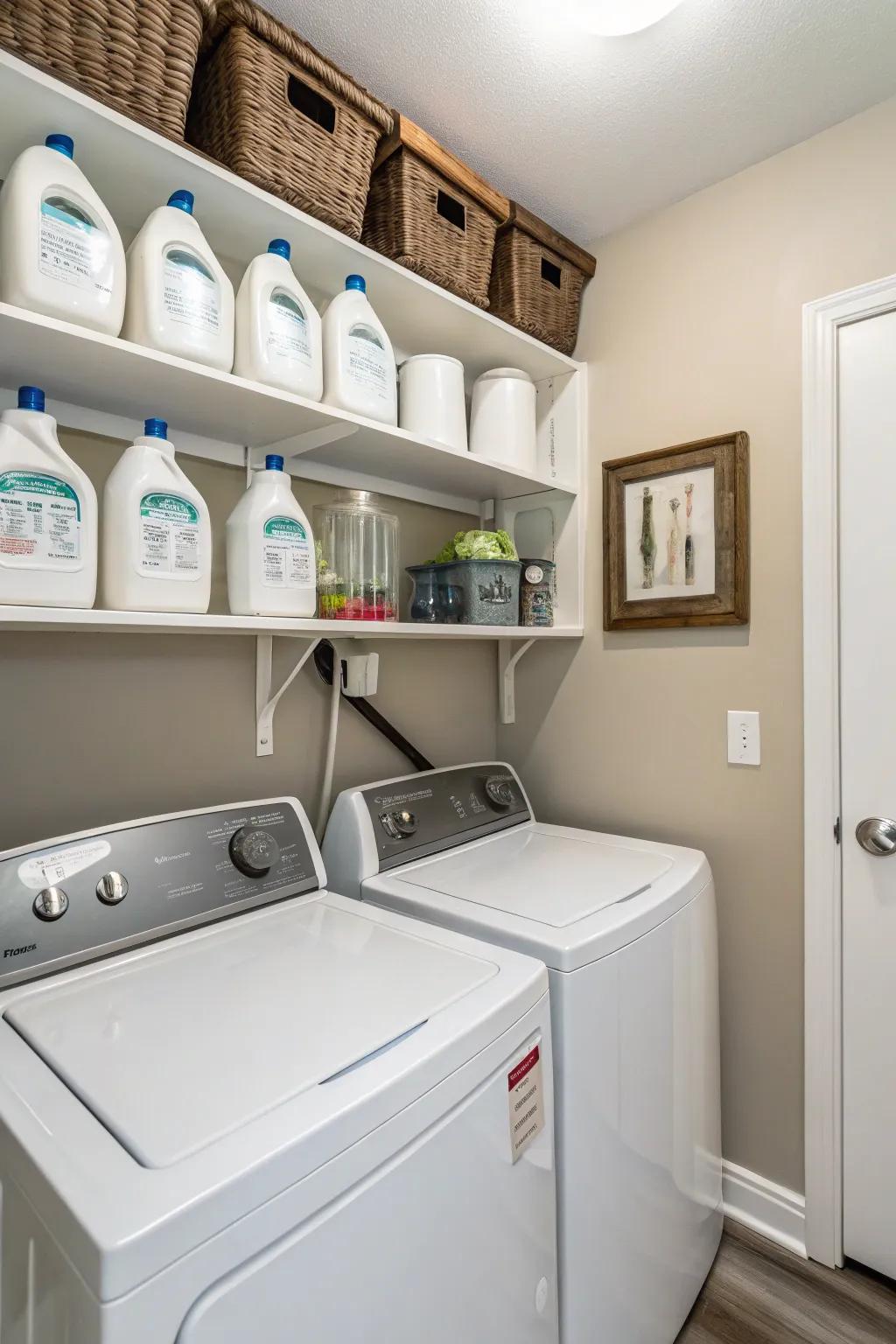 Wall-affixed dispensers maximize space within compact laundry areas.