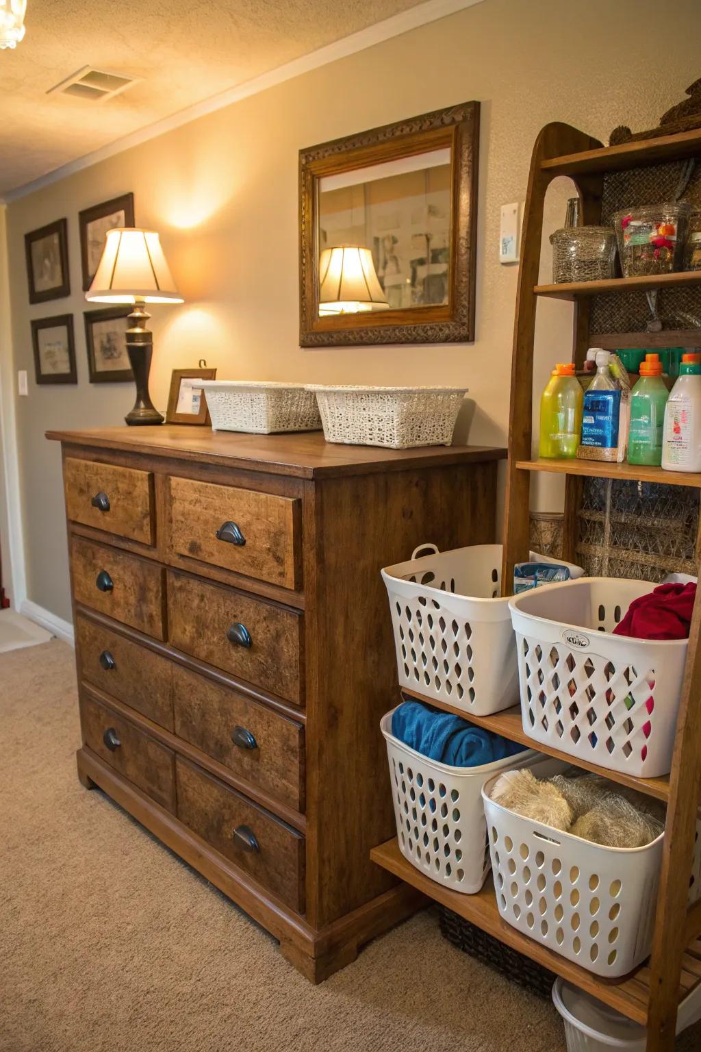 Upcycled furniture imparts distinctive charm to laundry storage.