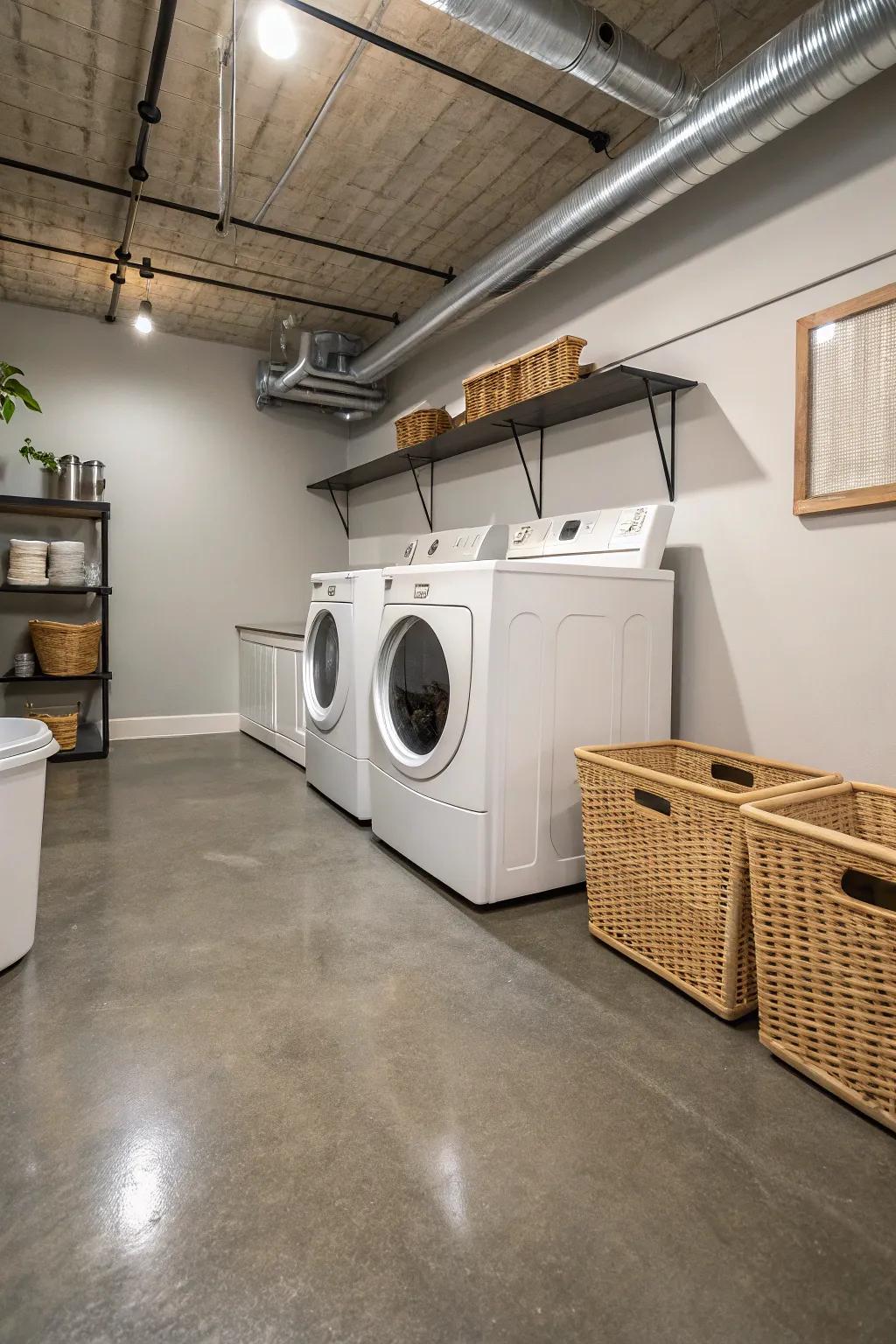 Concrete floors add an urban polished vibe to the laundry room.