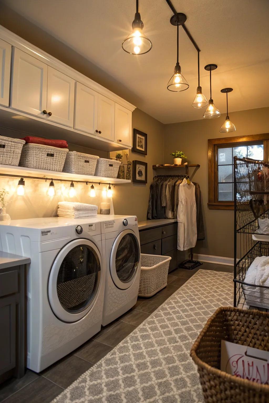 Layered lighting brings depth and warmth to your laundry area.