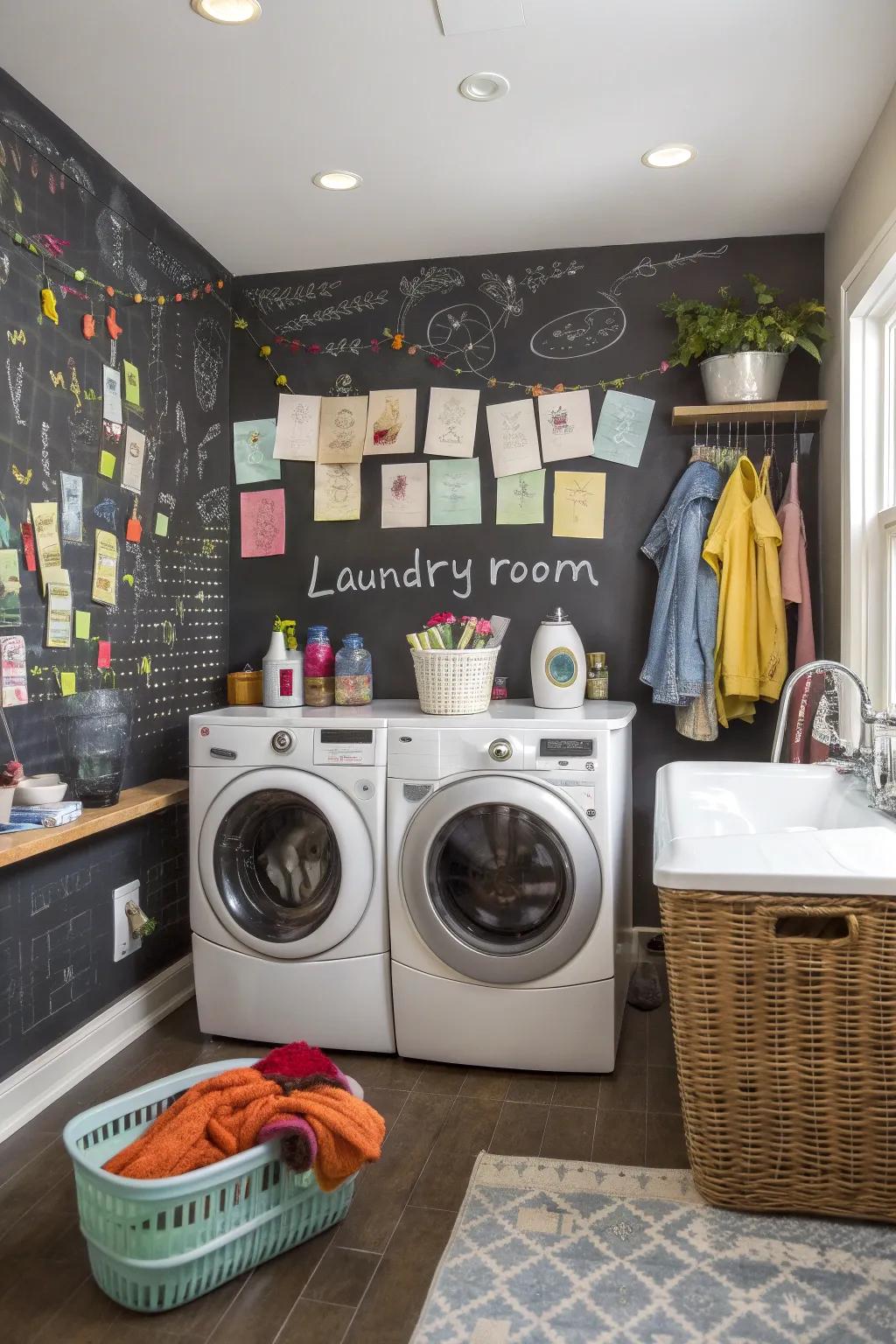 A chalkboard wall keeps your laundry area organized and enjoyable.