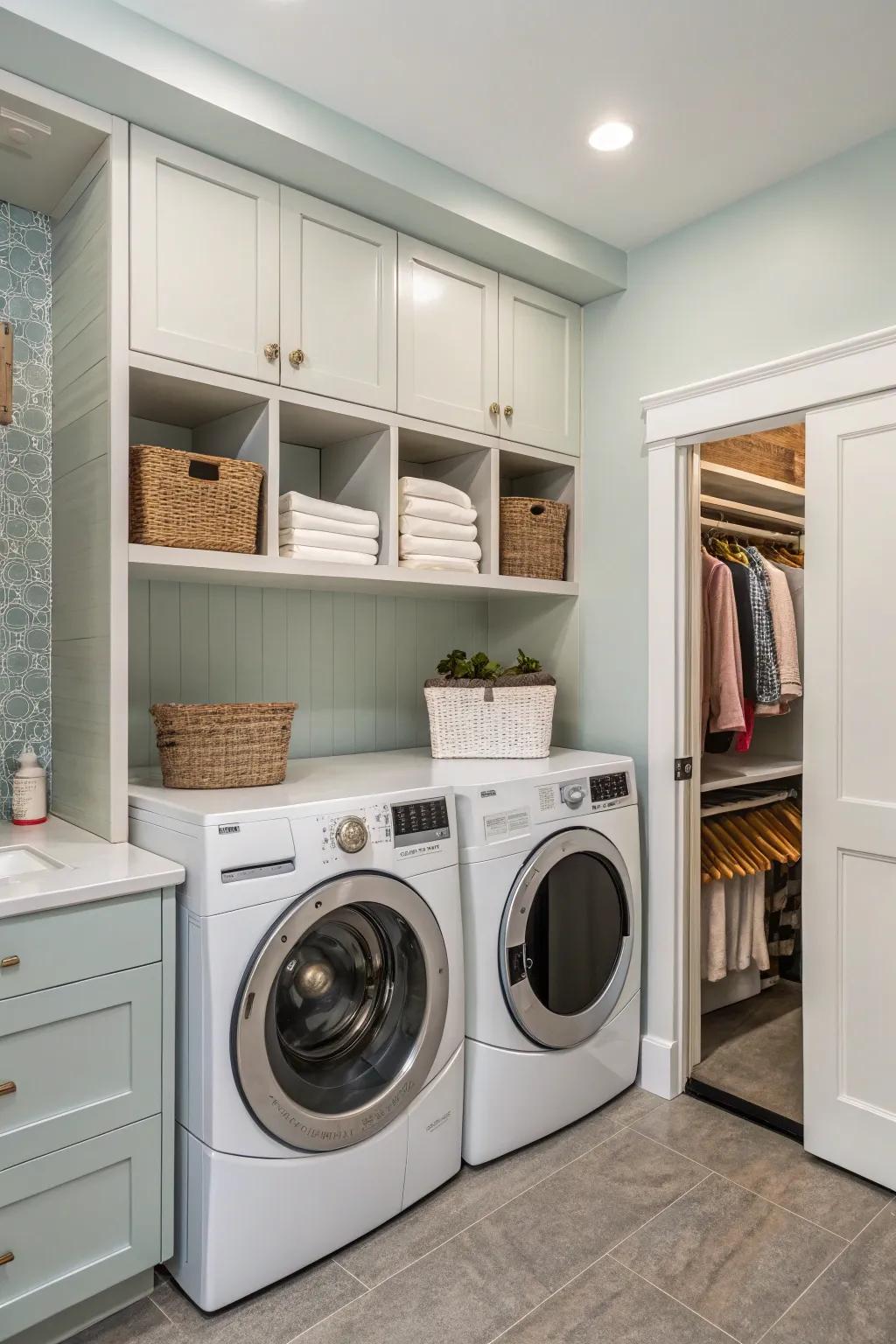 Hidden storage keeps your laundry room neat and organized.