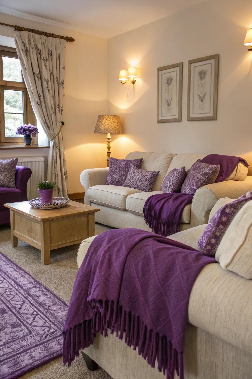 A cozy family room enhanced by violet throws and cushions for added texture.