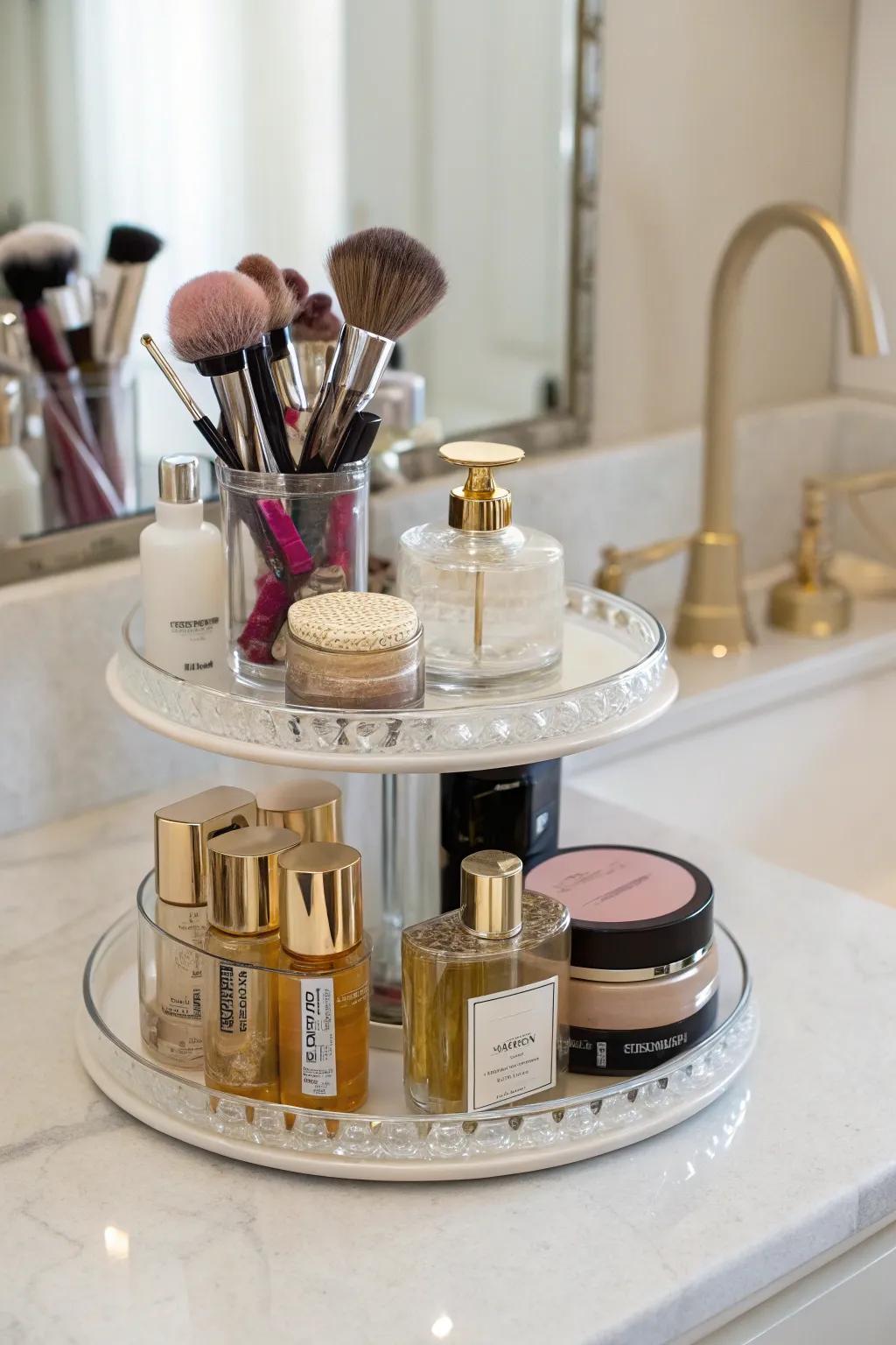 A vanity revamped with an organized rotating tray.