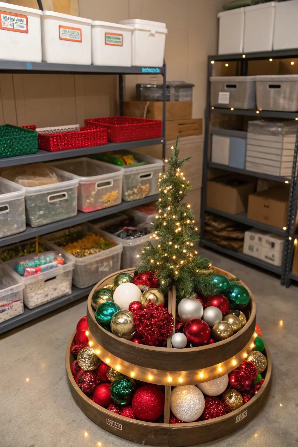 Effortlessly organize holiday decor with a spinning organizer.
