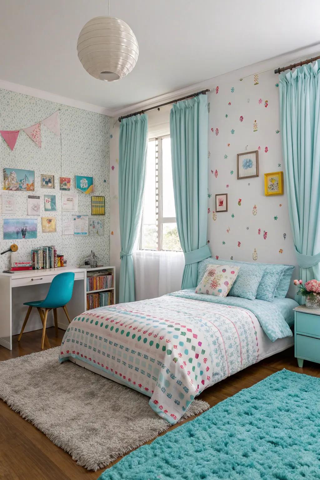 A bedroom featuring playful patterns with pale blue accents for a lively atmosphere.
