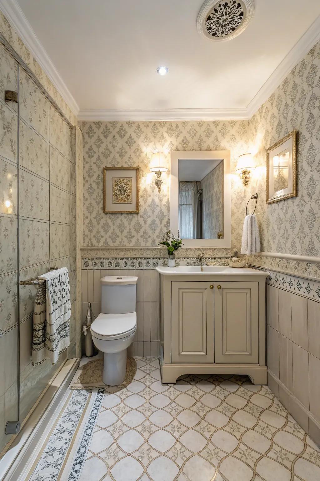 Understated designs add visual appeal to a serene bright bathroom.
