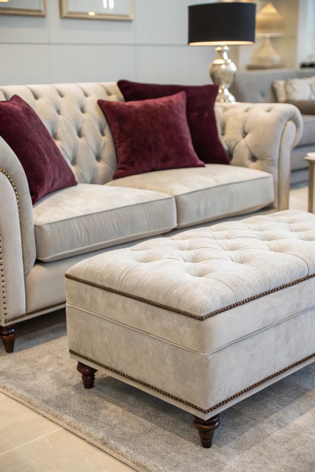 Velvet textures add opulence and comfort to a pale stone sofa.