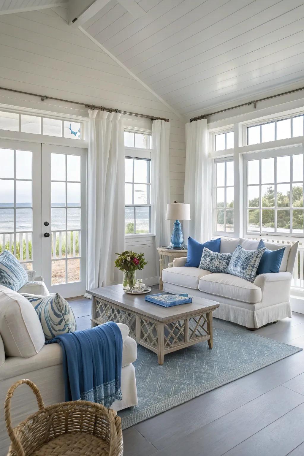 A serene coastal living area with light grey flooring.
