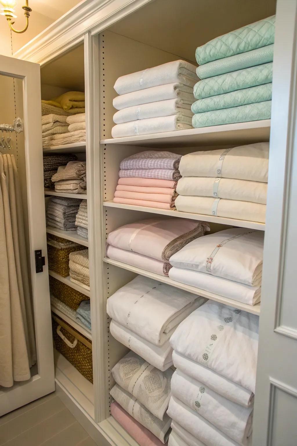 Creating linen bundles keeps sheets organized and compact.