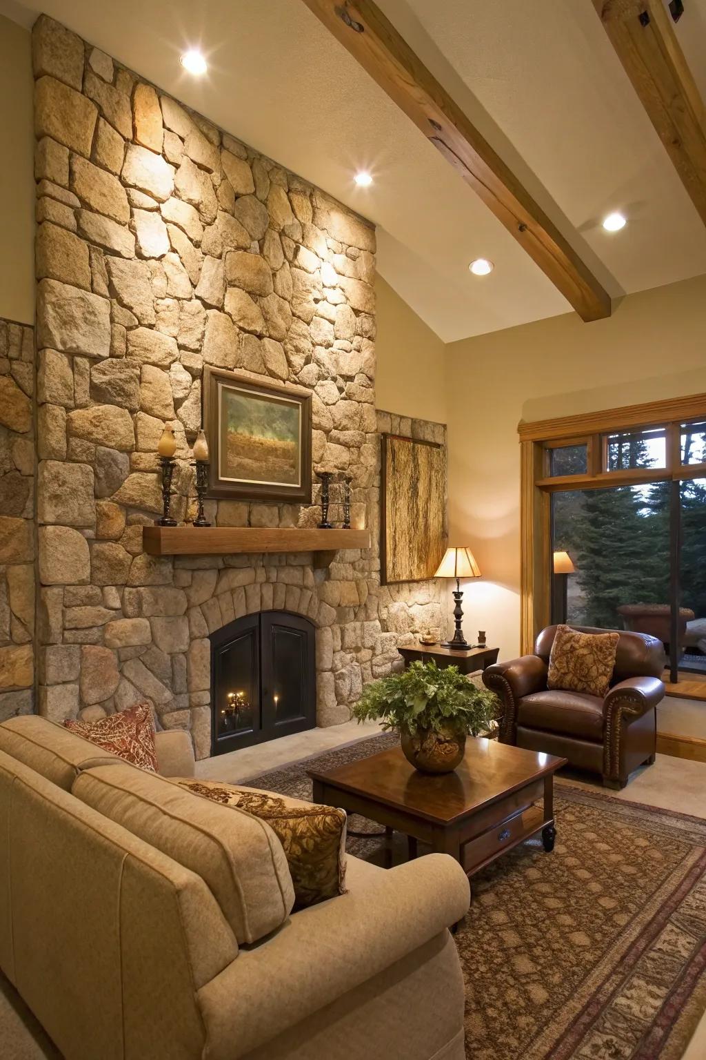 A stone feature wall lends timeless beauty and texture to this space.
