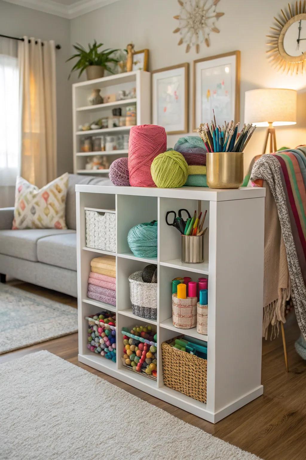 A craft space organizer using cube storage for neat creativity.